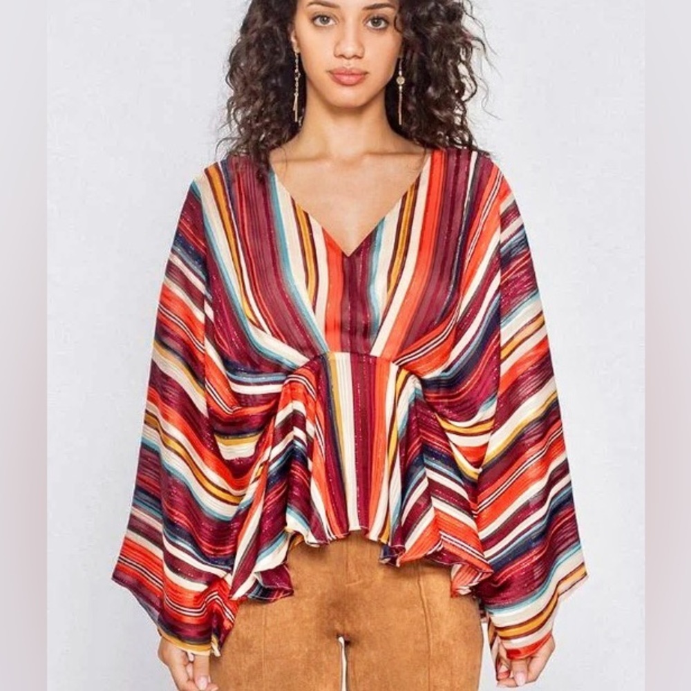 Y2k Metallic Tunique Multi-Color Striped Peplum Flowy Kimono Sleeve Top Sz Large